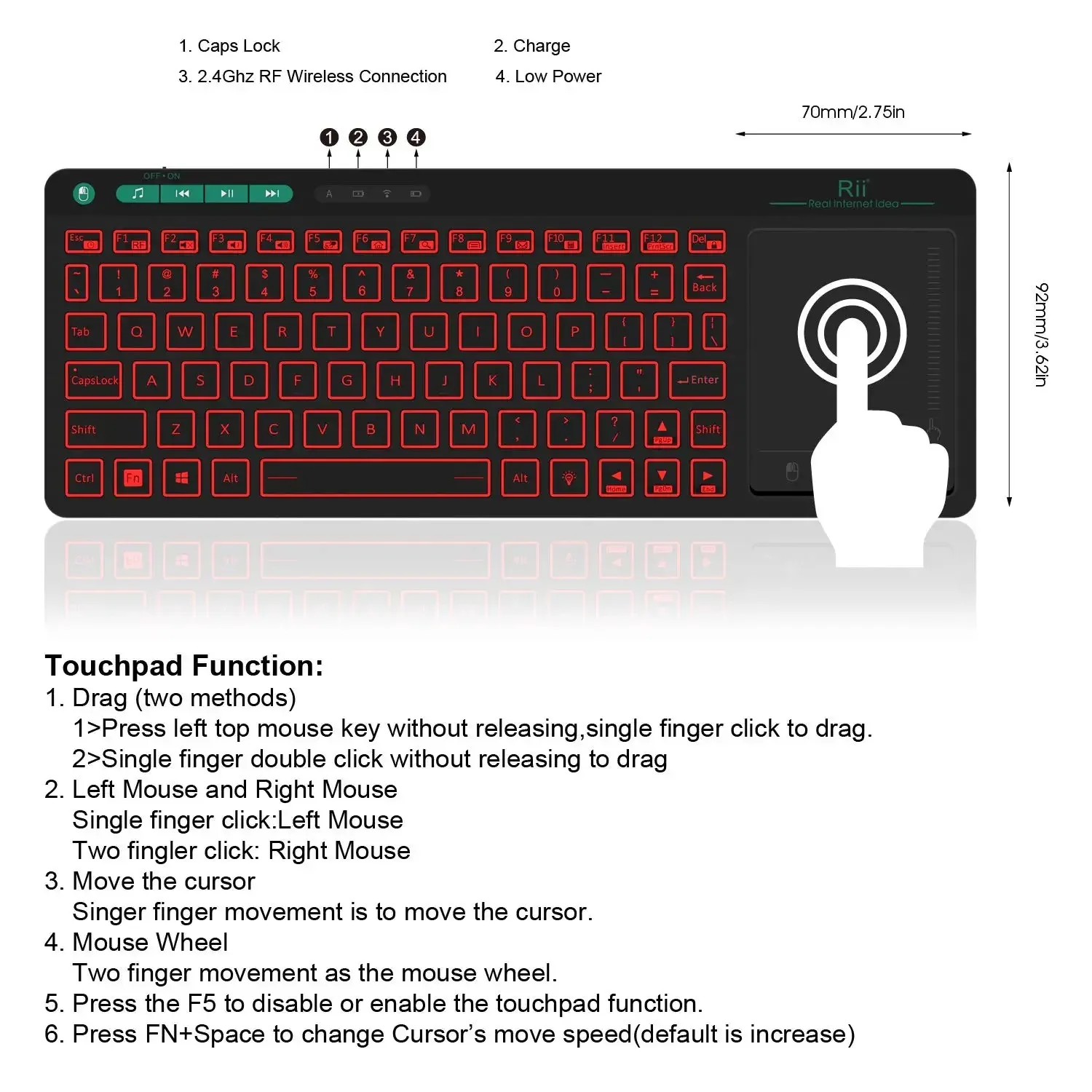 Rii K18 Plus Wireless Multimedia Russian Keyboard 3-LED Color Backlit with Multi-Touch for Smart TV Android TV Box IPTV HTPC