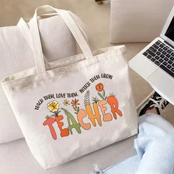 Floral Teacher Pattern Print Tote Bag Women Reusable Casual Eco Cloth Bag Teacher Appreciation Gift Best Teachers Day Gift