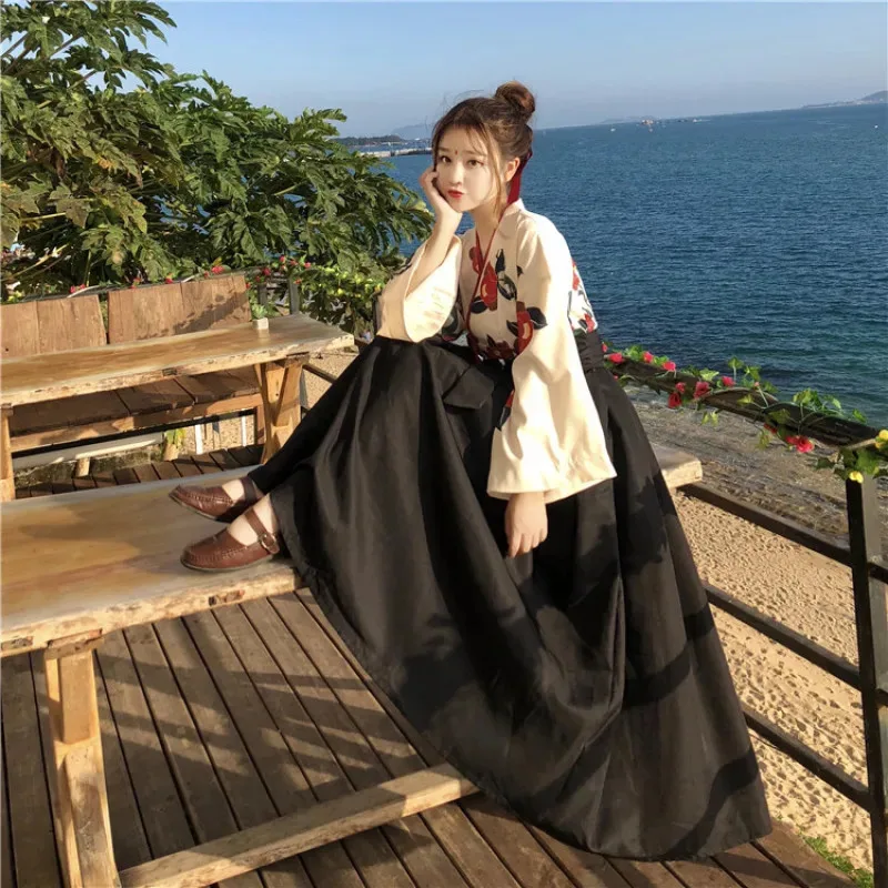 النمط الياباني الأزهار طباعة فستان طويل كيمونو تنورة Kawaii ملابس الفتيات رداء الحفلات مجموعة خمر زي الآسيوية تأثيري المرأة الجديدة