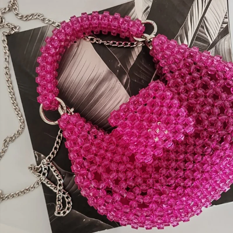 

New Semi-circular Design Woven Bead Bag Fashionable High-end Girls' Party Handbag Chain Crossbody Bags Customizable Color