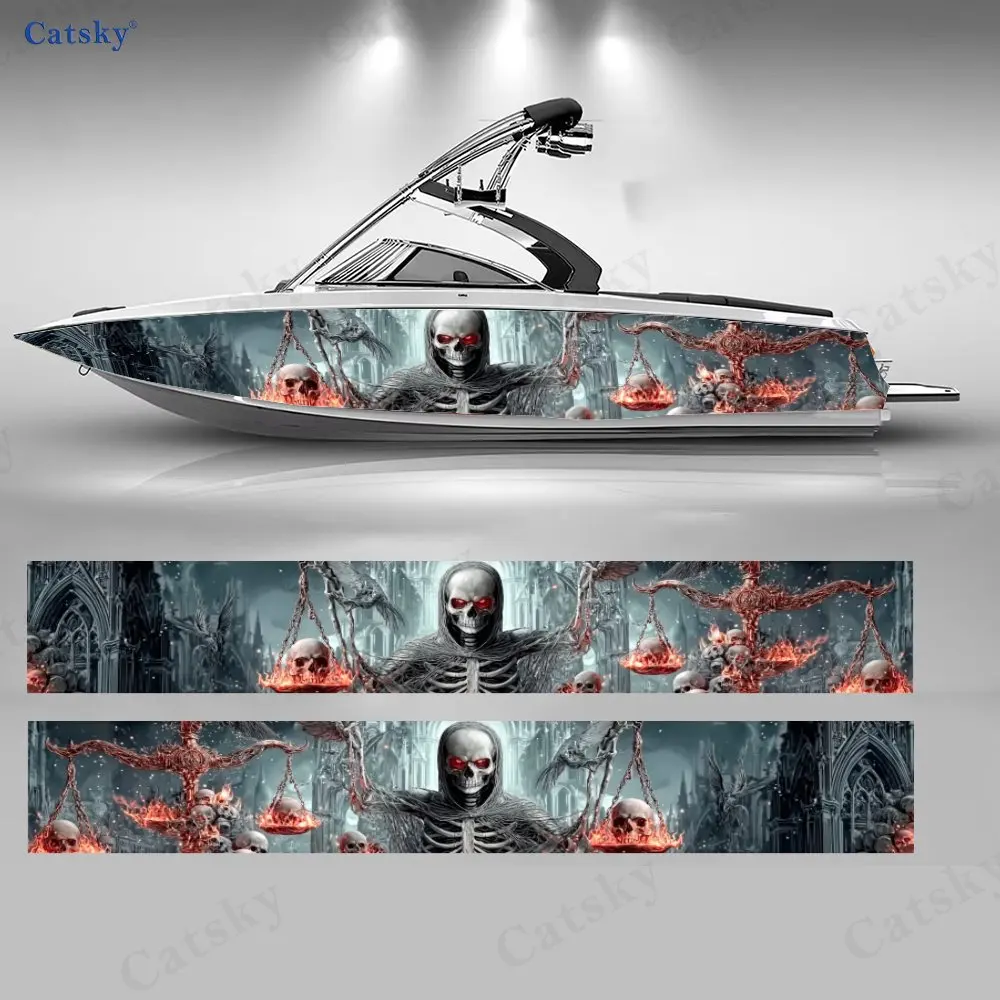 Boat Exterior Graphic Wrap, Skeleton Scale Skull Pattern, Durable Waterproof Vinyl, Suitable for Wakeboard Boats Motorboats
