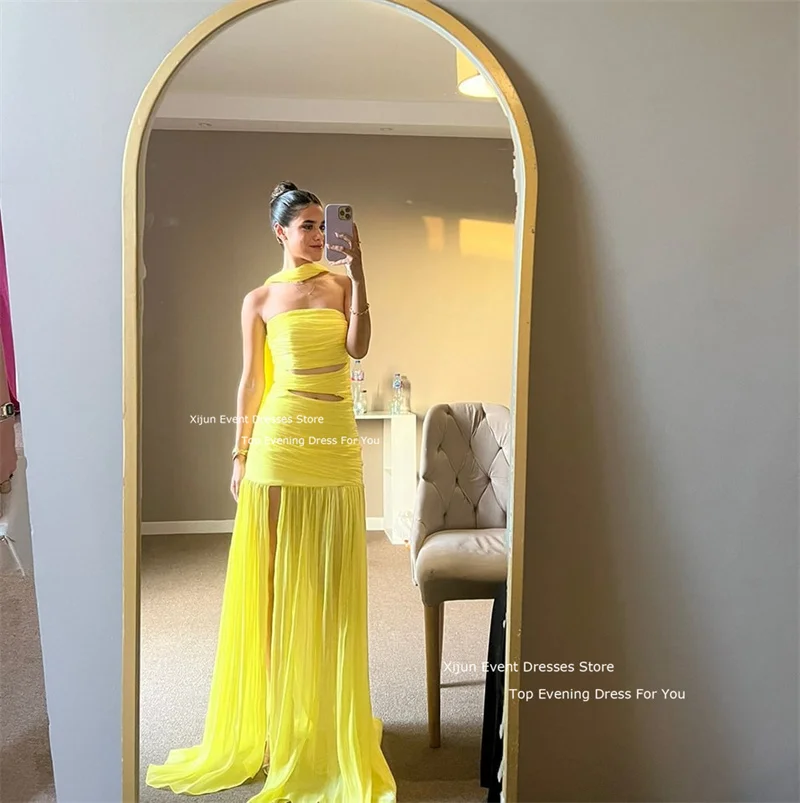 Xijun Yellow Chiffon Evening Dresses Cut Out Long Prom Dresses Side Slit Saudi Arabric Formal Sleeveless Prom Gowns Party Gowns