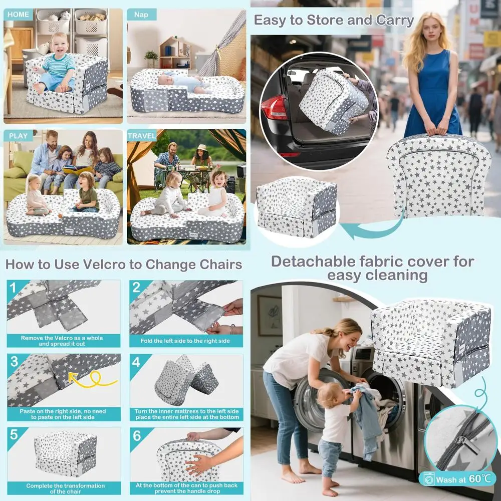 

2-in-1 Portable Toddler Bed and Chair - Convertible Crib with Storage, Waterproof Cloth, Easy Wash Covers, Soft Velvet (Stars)