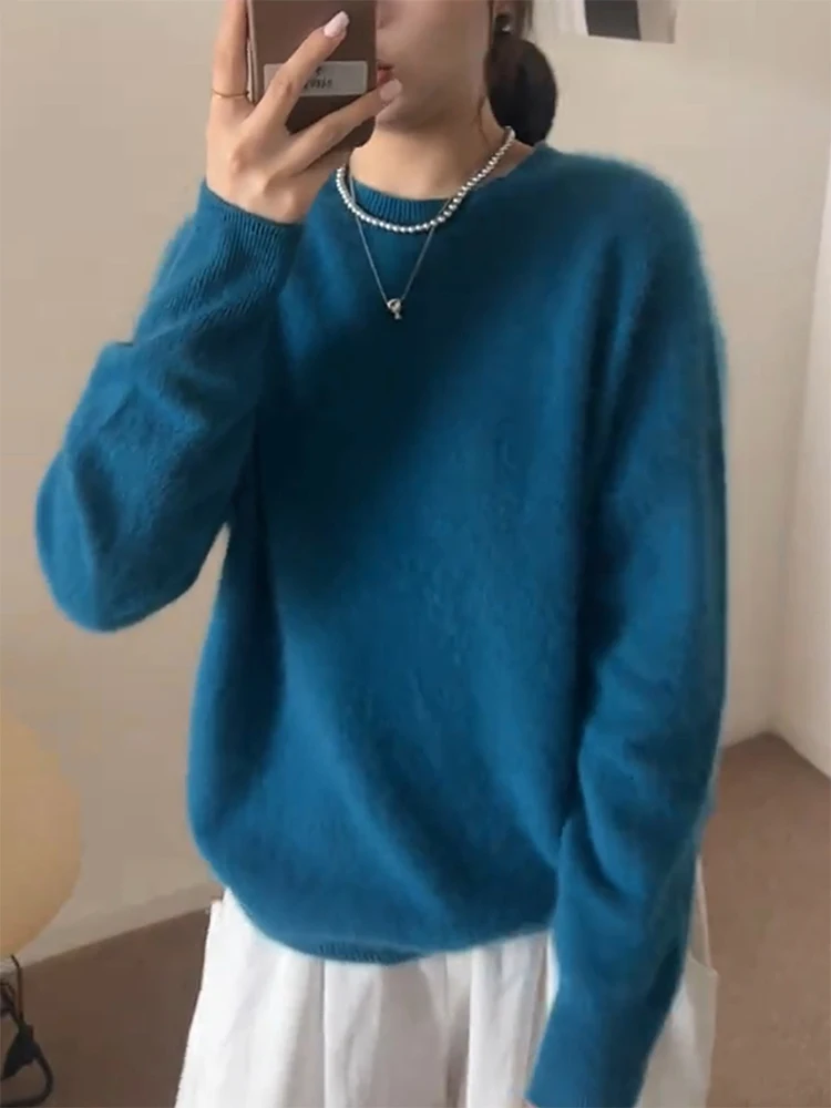 

Мягкий уютный темно-синий свободный женский вязаный свитер Long Sve, осень 2024, большие размеры, модная бархатная одежда