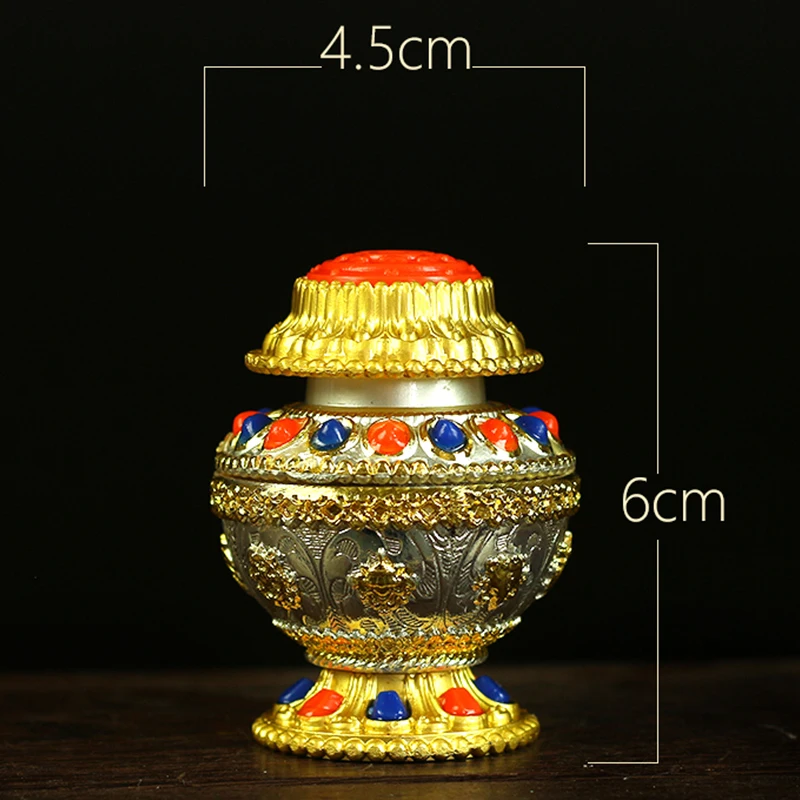 6*4.5cm Mini Gold Alloy Metal Colored Stone Deocrate Treasured Buddhist Tibetan Putting Home Ofiice Bottle