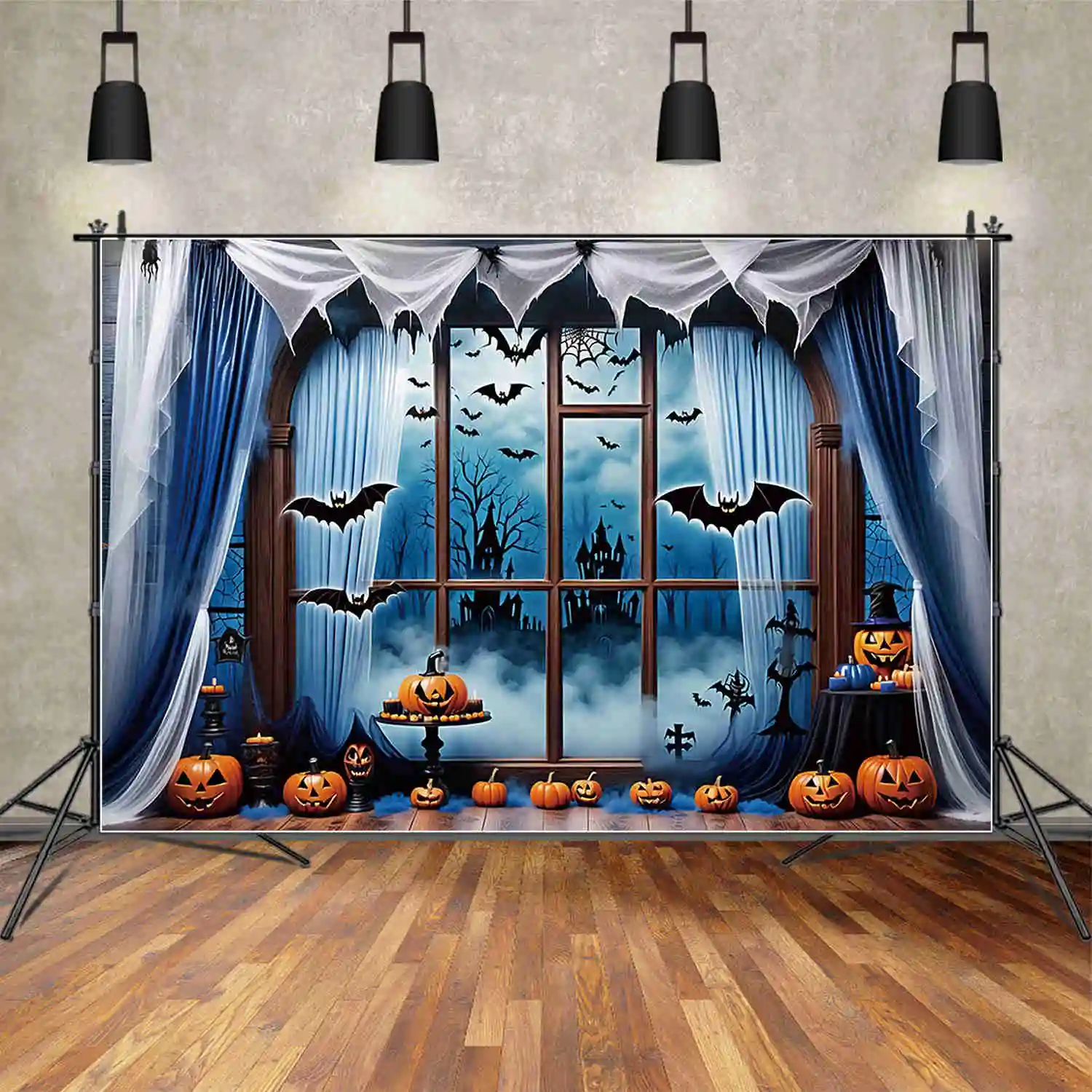 MOON.QG Halloween Blue Backgrounds Window Curtain Bat Horror Jack-O'-Lantern Backdrops Custom Party Decoration Photo Shoot Props