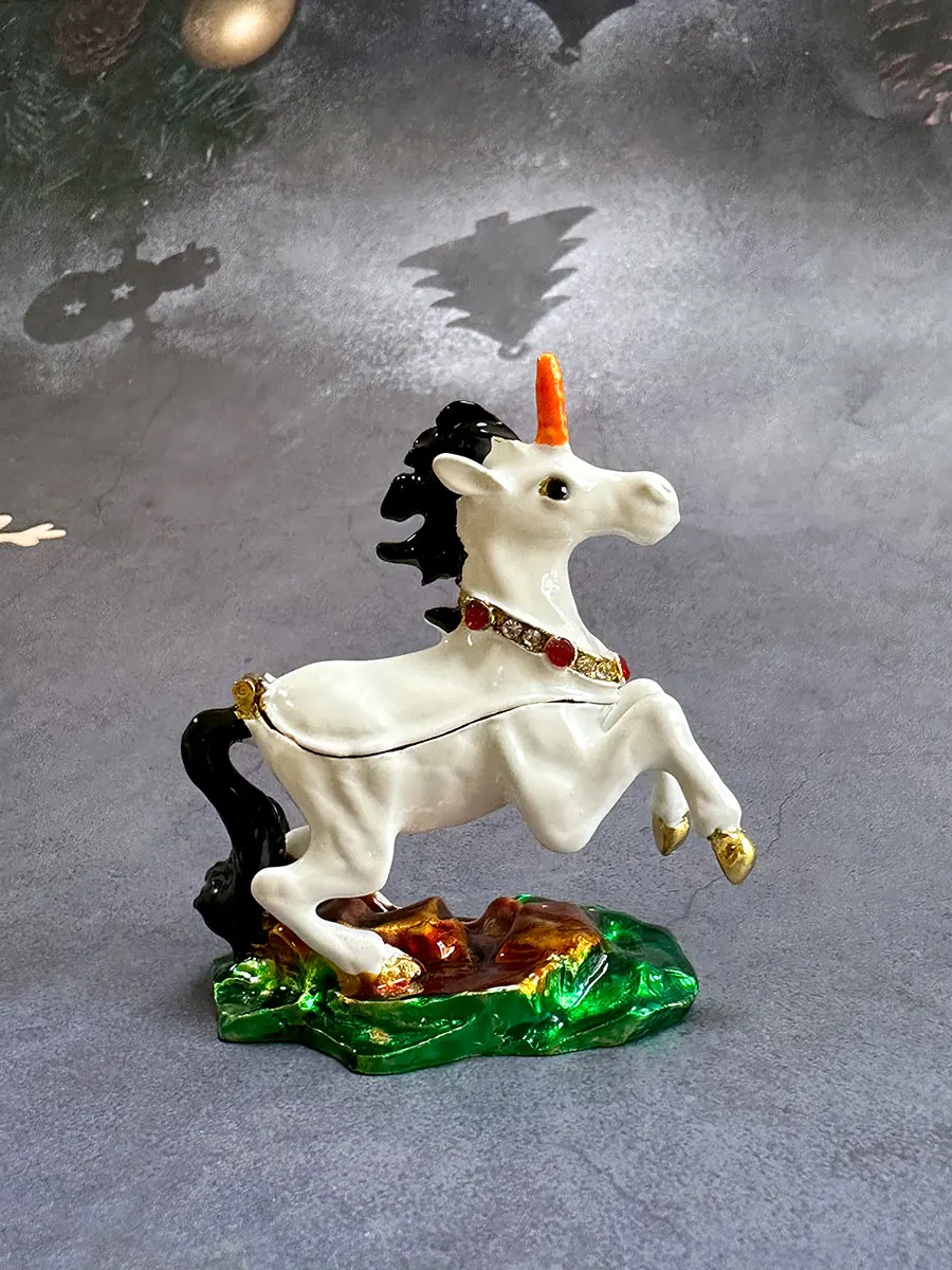 Vintage Unicorn Trinket Jewelry Box Collections Hinged Crystal Jeweled Enamel Animal Figurines Sculpture Anniversary Xmas Gift