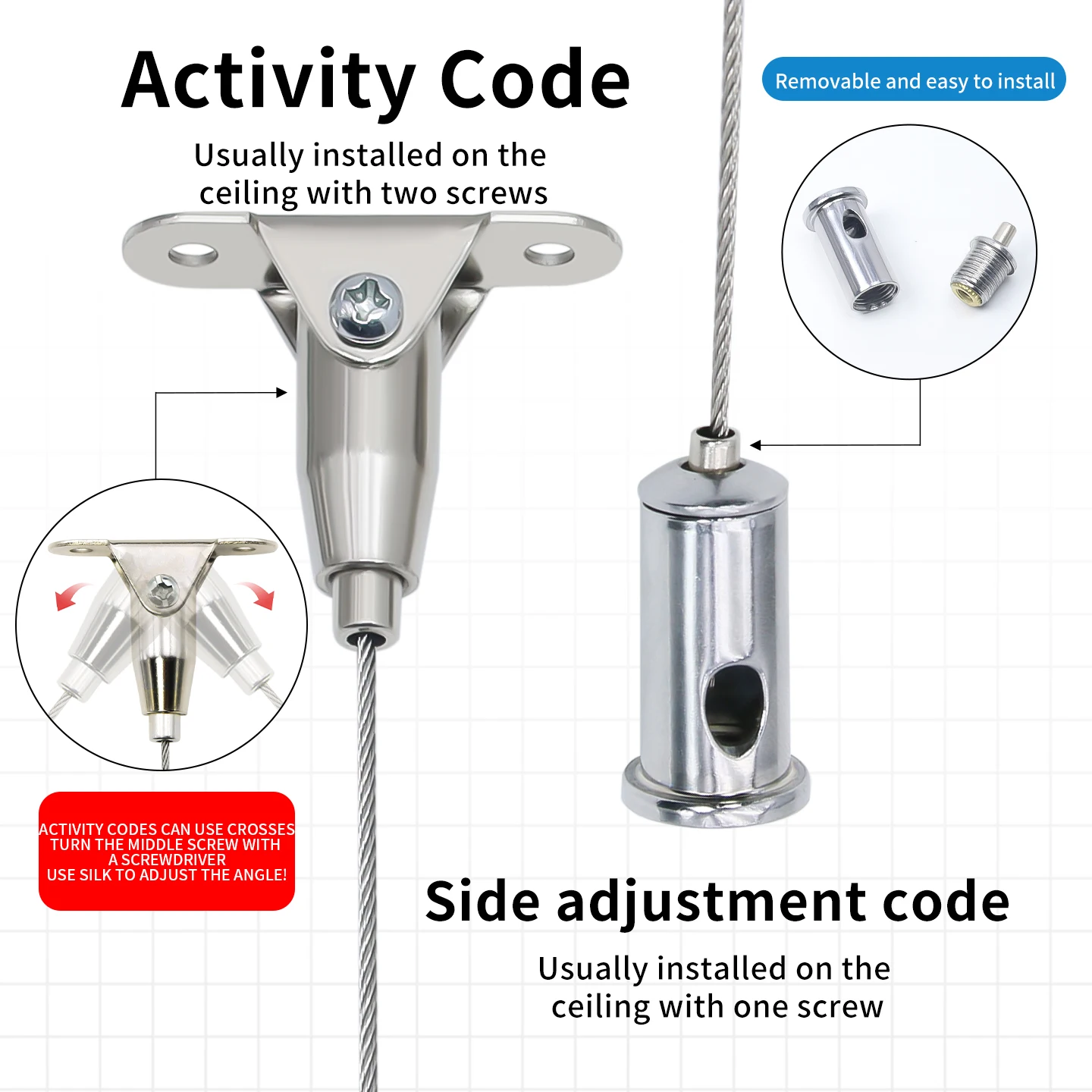 Picture 4: 1.5mm stainless steel suspension cable, adjustable cable, ceiling suspension with metal hook, load-bearing capacity up to 30kg
