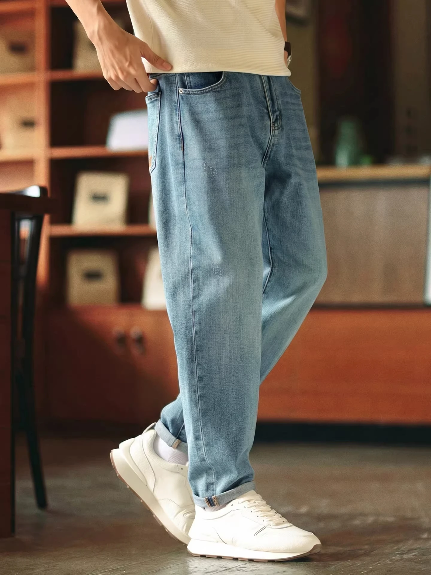 

Джинсы свободного кроя для мужчин больших размеров, прямые брюки с эластичной талией, летние, новый стиль, универсальные, удобные, из денима.