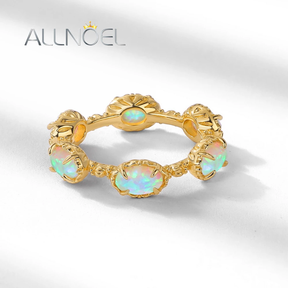 ALLNOEL Solid 925 Sterling Silver Rings For Women Full Circle Synthetic Opal Gold Plated Vintage Chic Party Gifts Fine Jewelry