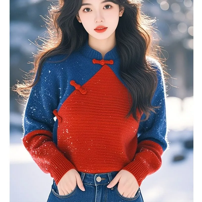 

Chinese Style Women's Red Blue Contrasting Color Plate Button Sweater Autumn Winter New Retro Fashion Cheongsam Collar Sweater