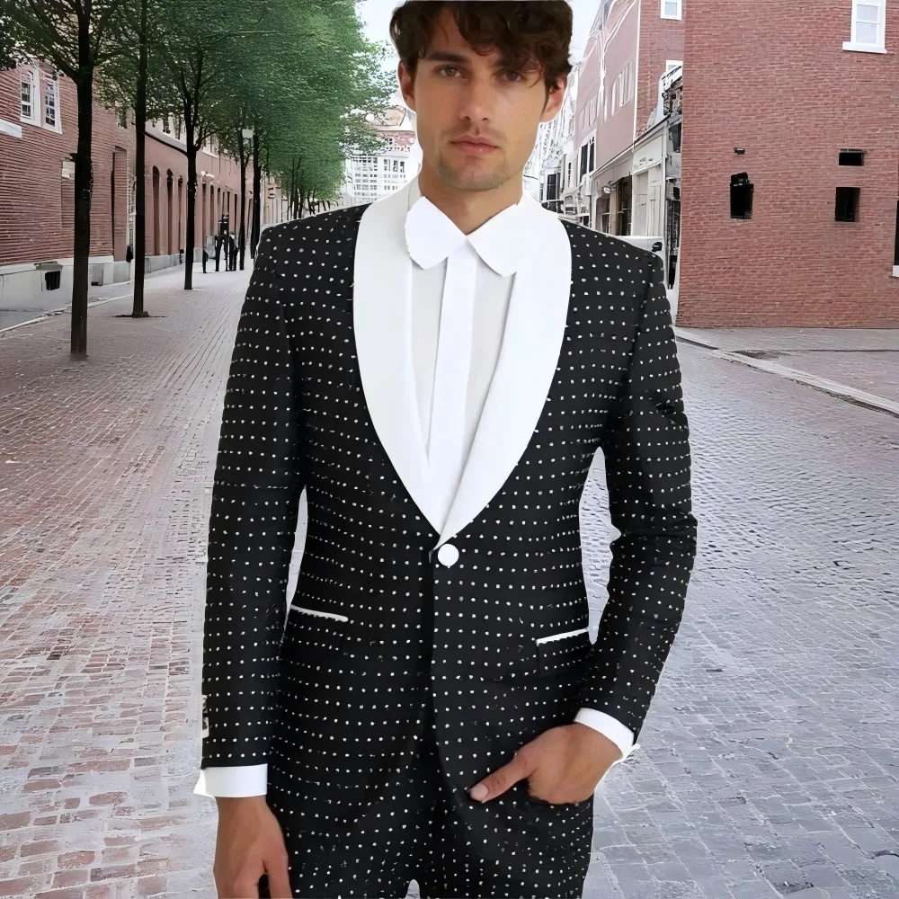 

Мужские свадебные костюмы в черный горошек, комплект из 2 предметов, куртка, брюки, однобортный белый костюм с шалью и лацканами, мужской праздничный костюм Homme