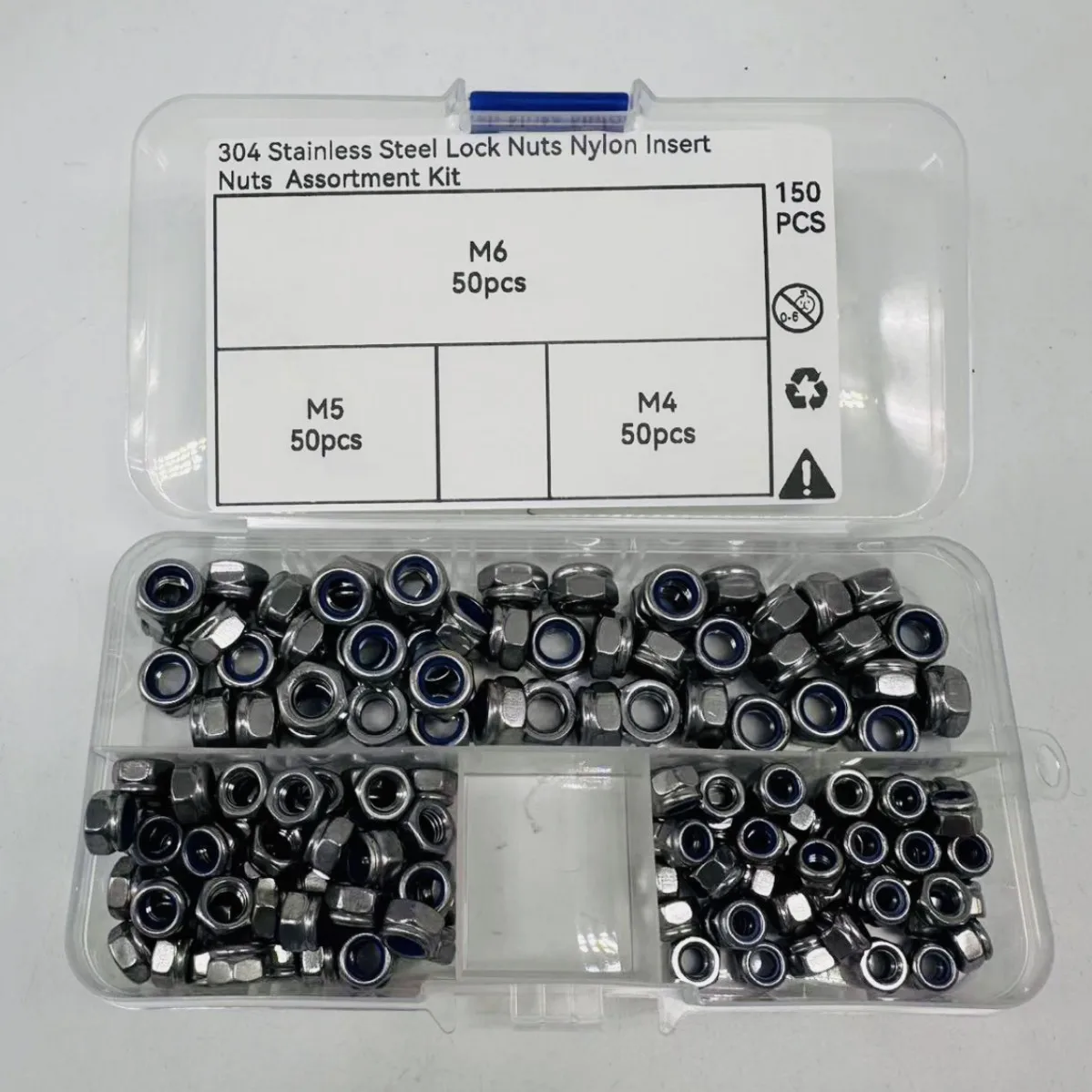 150PCS M4 M5 M6 Stainless Steel Nylon Insert Self Locking Nuts Hex Nuts Cross Border Hot Sale
