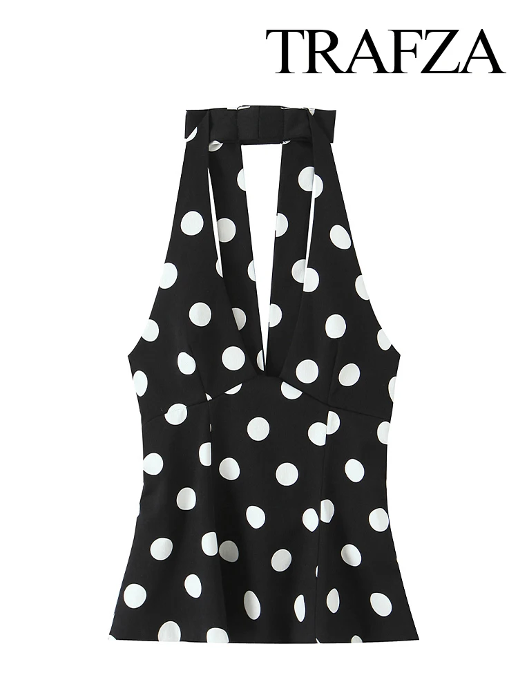 HH 2025 Woman Elegant Black Polka Dot Backless Bow Design Neck Halter Vest Tops Women Summer Sexy Sleeveless Backless Tops