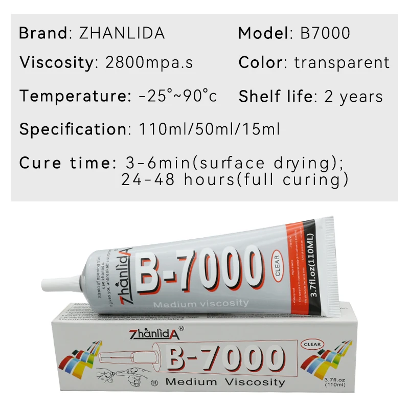 Zhanlida-B-7000 Limpar Adesivo De Contato Para Reparação De Telefone, Cola De Plástico De Vidro Universal, Cola DIY com Aplicador De Precisão