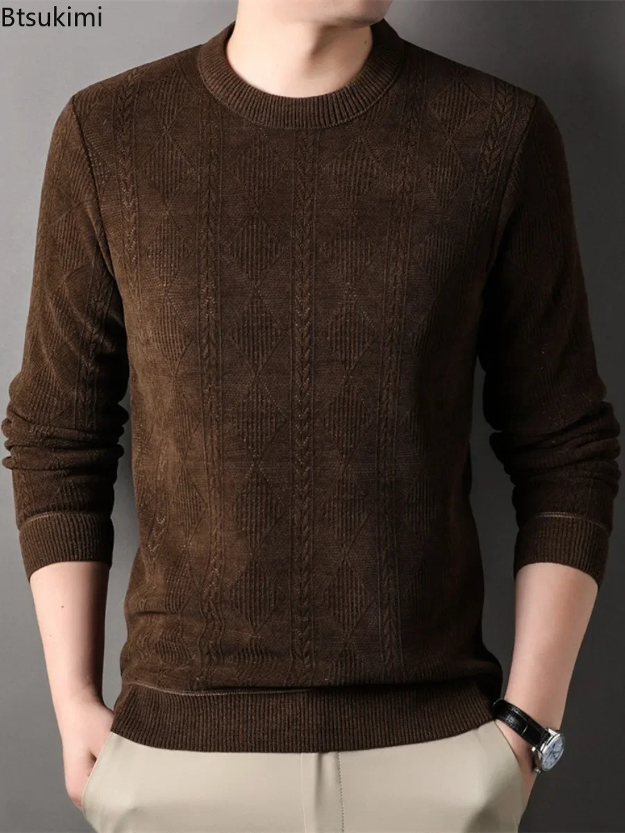 2025Men's Casual Thick Warm Sweater Tops Solid Autumn Winter Knitted Pullover Sweater Tops All Match Bottom Sweater Male Clothes