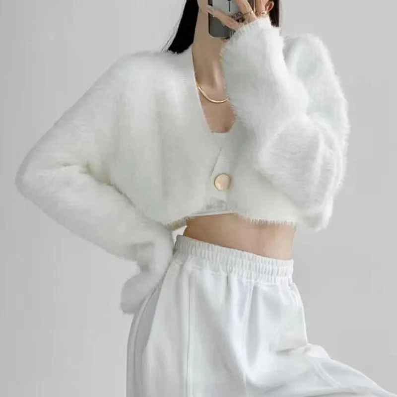 Korean solid color imitation mink one-button short furry jacket women's 2024 autumn loose foreign versatile knitted sweater coat