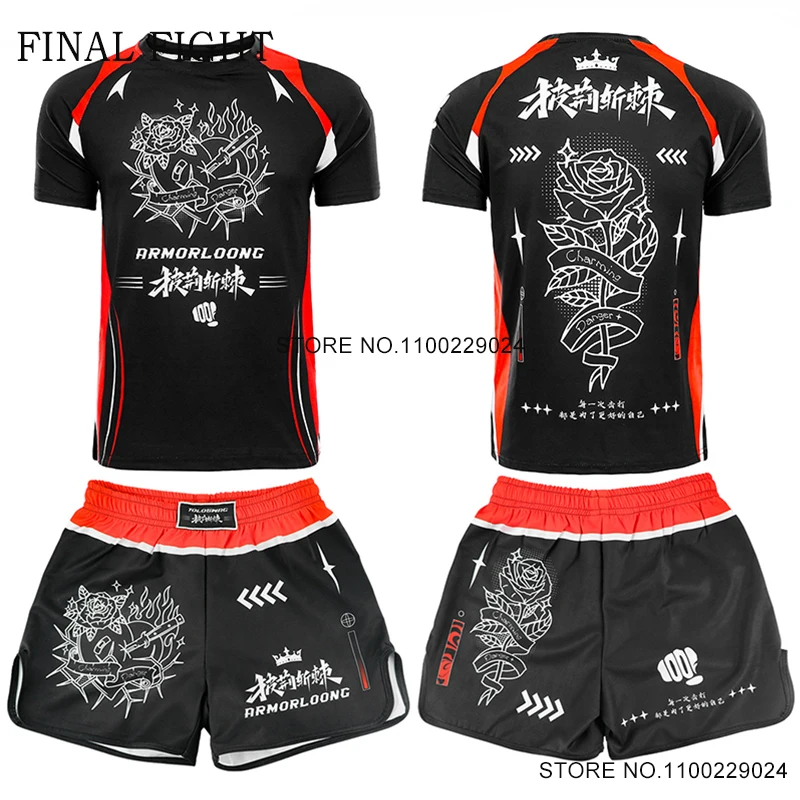 Muay Thai Shorts MMA Rashguard Rose Print Boxing Shorts Matching T Shirt Martial Arts Combat Kickboxing Cage Fighting Clothing