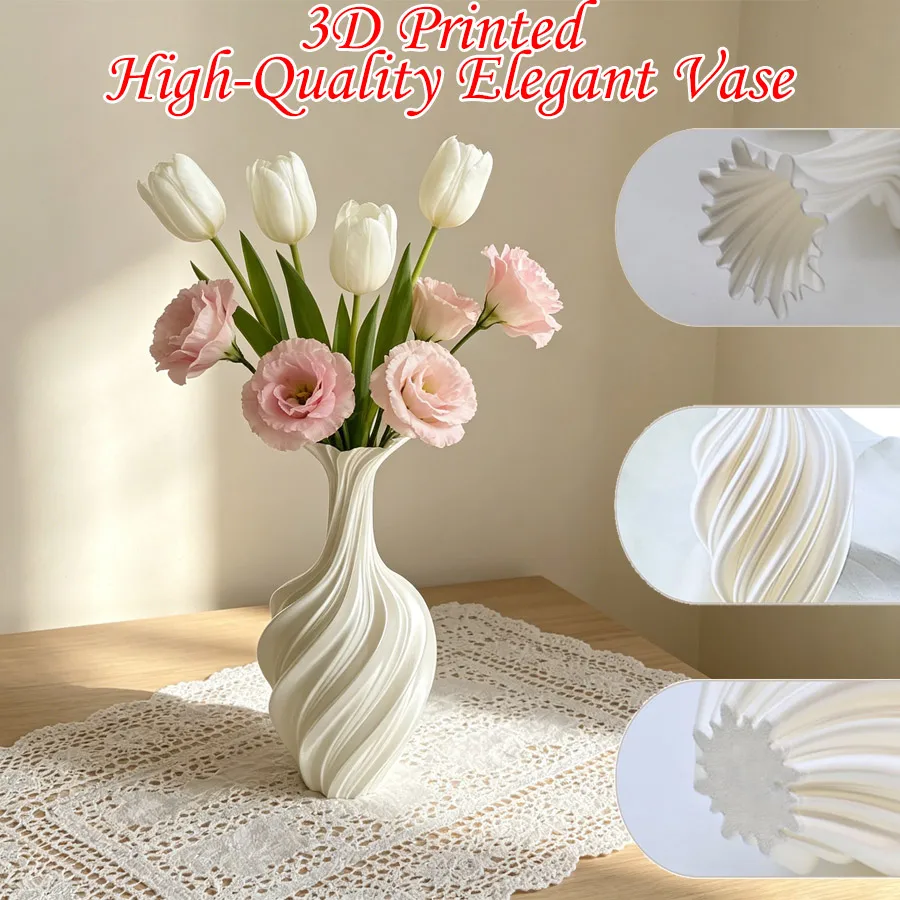 Elegant white 3D printed vase, 9.8-inch silk-finish luxury vase, sculptural twisted design - perfect for flower arranging.