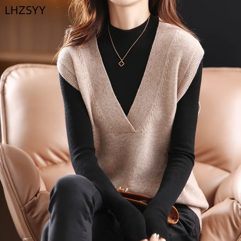 LHZSYY Autumn New 100%Pure Wool Knit Waistcoat Women V-Neck Pullovers Large Size Sleeveless Sweater Loose Vest Blouse Base Shirt