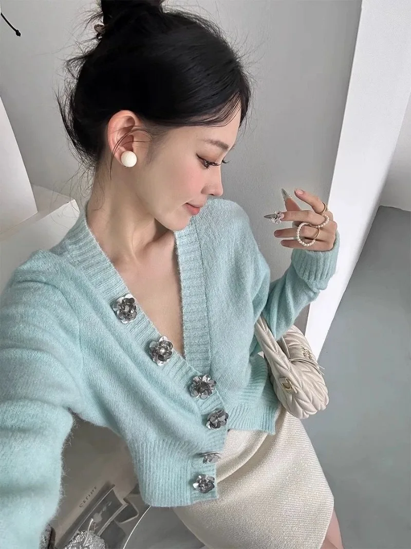 Neploe 2024 Autumn Winter Sweet V-Neck Knitted Cardigan Femme French Vintage Waist Cinching Slimming Rose Decoration Sweater