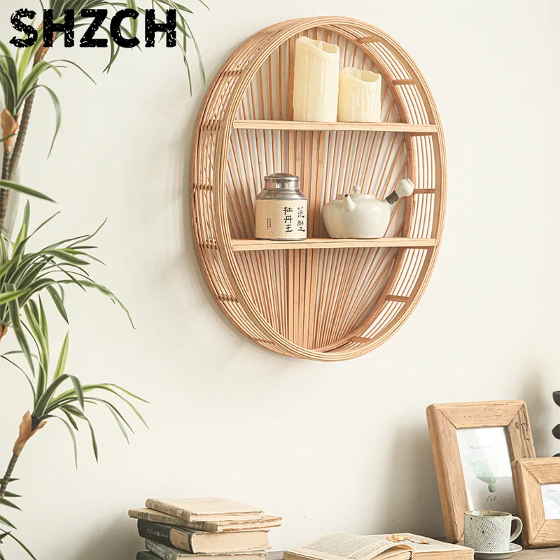 Bambus-Wandregal-Organizer - Ovales Rattan-Aufbewahrungsdekor Mehrstöckiges Bohemian Wandregal für Wohnzimmer im Farmhaus-Stil