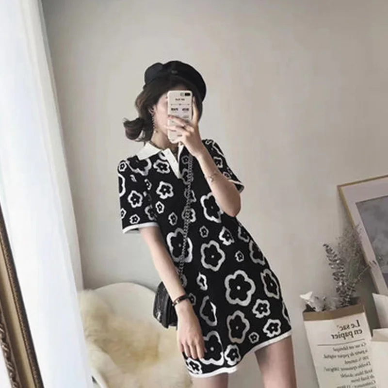 Knitting Dresses Summer New Sweet Buttons Polo-Neck Short Sleeve Midi Dress Women Clothing Korean Printing Slim A-line Skirt