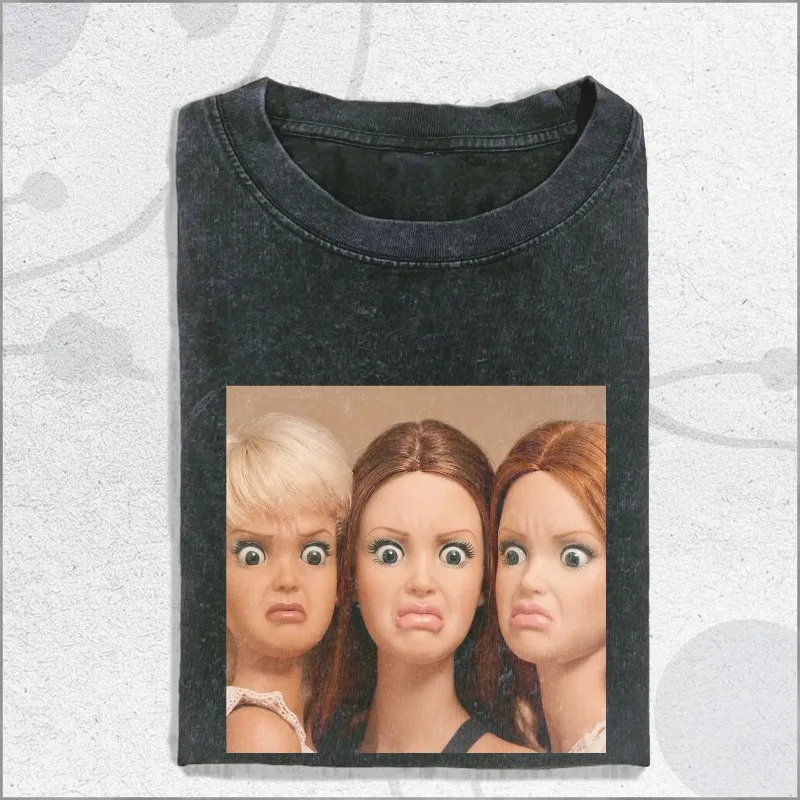 Vintage Washed Face Doll Girl Funny Meme Tee, Meme Shirt For Women, Trending Gift Washed T-shirt