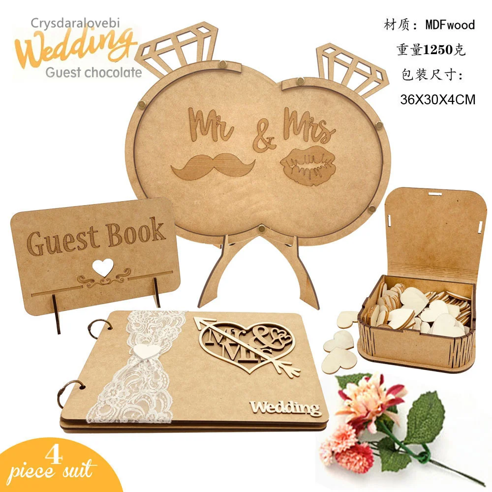 New 4PCS Wooden MRMRS Guest Book Sign-in Book Wedding Guest Sign-in Wedding Signature Book Sign-in Book