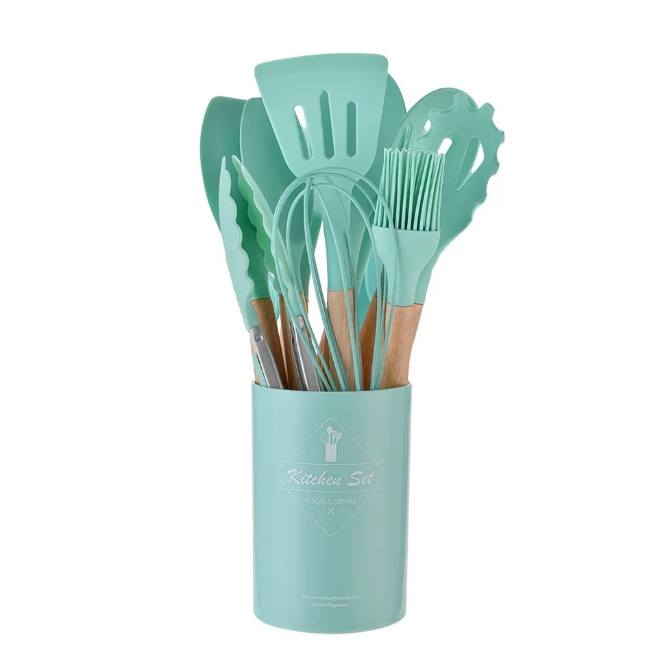 12PCS Silicone Kitchenware Non-Stick Cookware Kitchen Utensils Set Spatula Shovel Egg Beaters Wooden Handle Cooking Tool Set, image 12