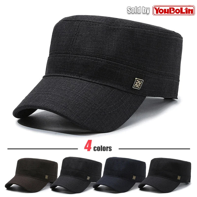 All-Season Suit-Fabric Flat-Top Cap, Metal Square Logo Middle-Aged Business Style Classic Elegant Curved-Brim Peaked Hat