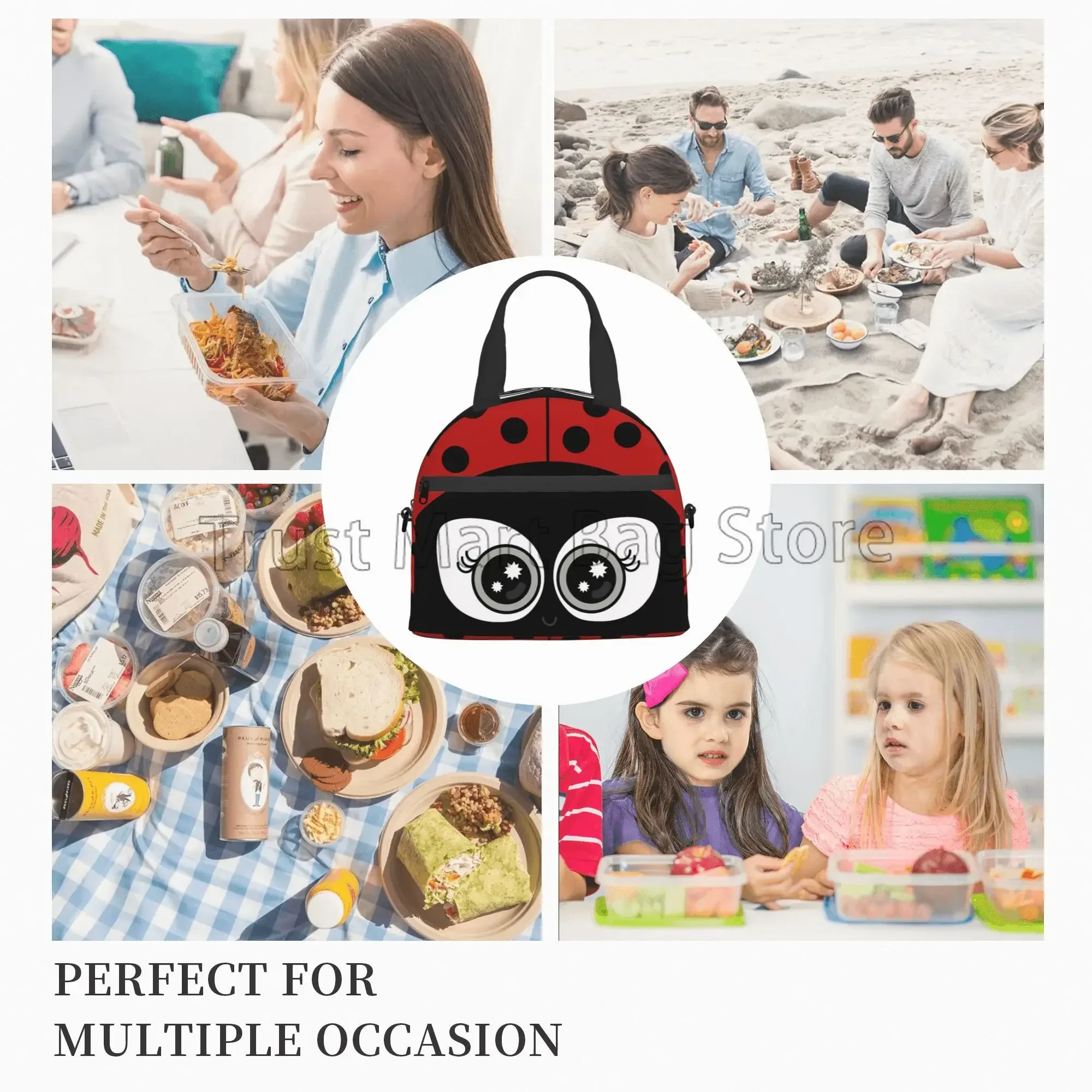 Cute Cartoon Ladybug Insulated Lunch Bags for Children Women School Work Picnic Reusable Portable Thermal Bento Box with Strap