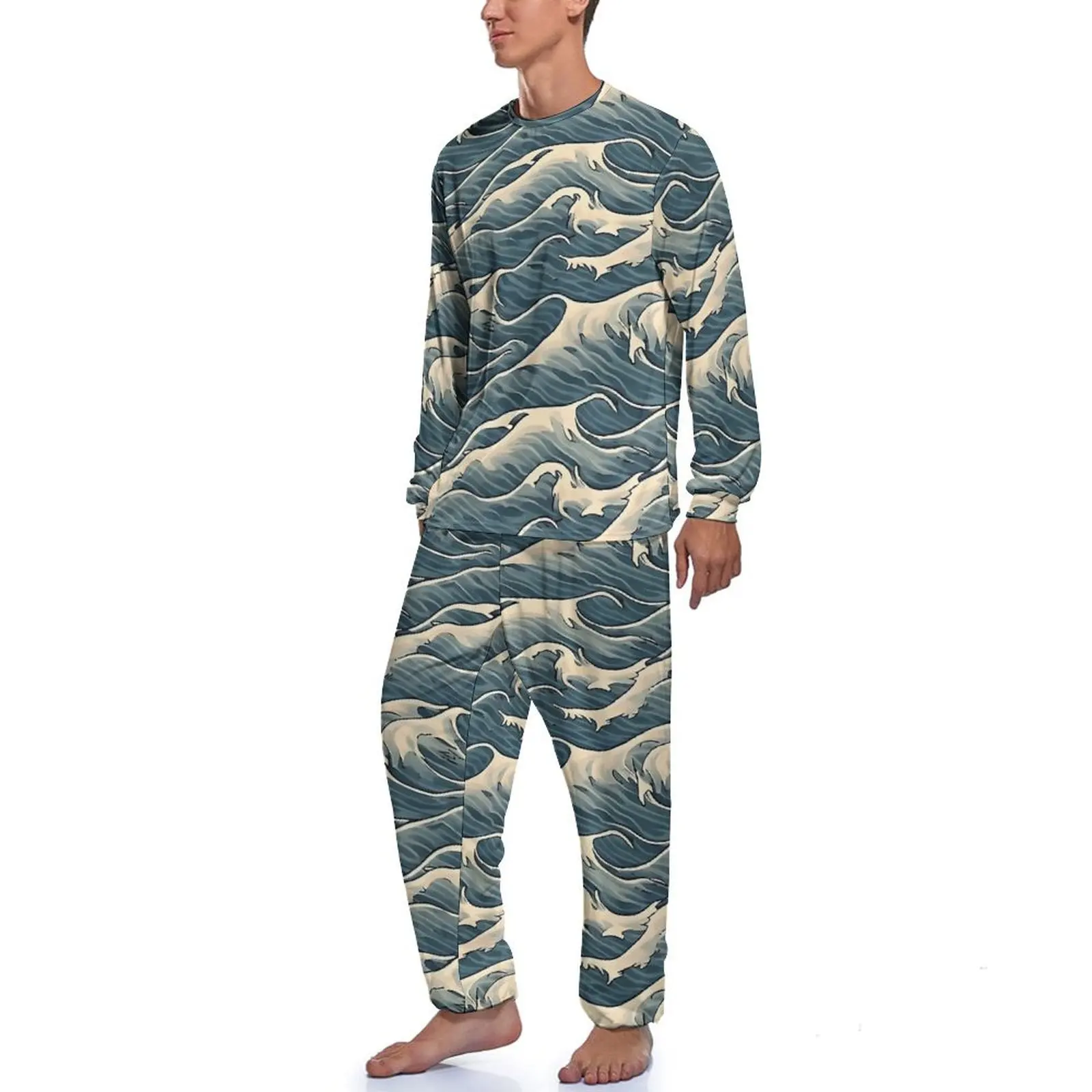 Ocean Blue Wave Print Pajamas Men  Fashion Nightwear Autumn Long Sleeve 2 Pieces Aesthetic Custom Pajamas Set