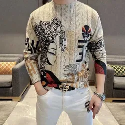 Fashion Stand Collar Printed Chinese Style T-Shirts Mens Clothing 2023 Winter Loose All-match Pullovers Casual Warm Tee Shirt