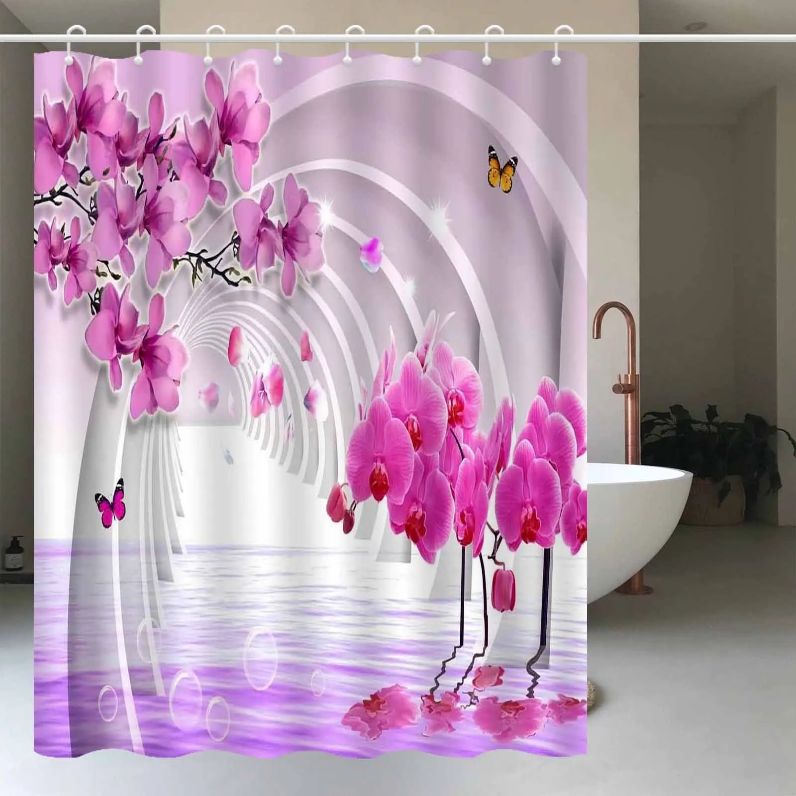 Orchid Shower Curtain Pink Orchids Water Reflection Tunnel Art Fantasy Design Elegant Decor Waterproof Fabric Bath Curtain Set