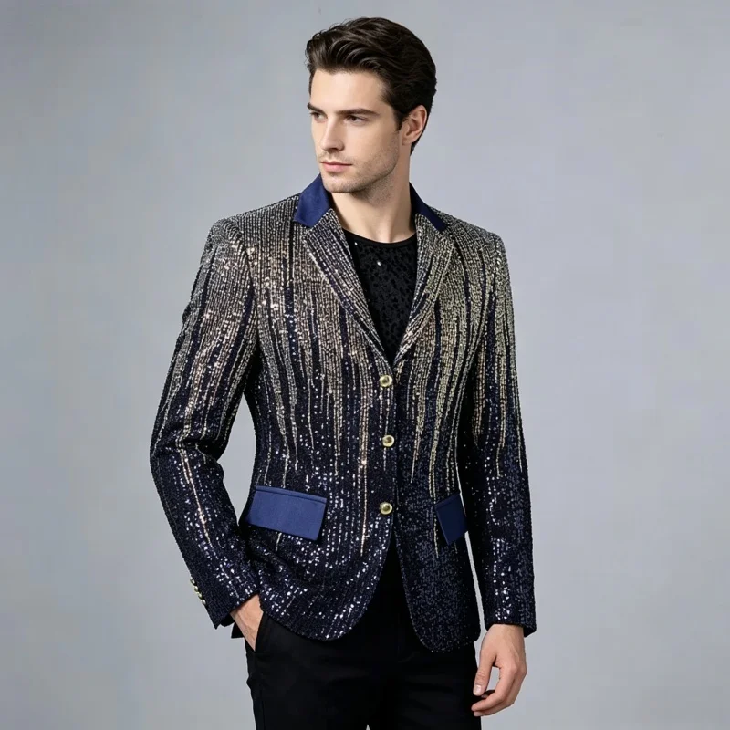 Men's Fashion Gradient Sequins Velvet Tuxedo Jacket Wedding Banquet Formal Coat Evening Party Blazer Singer Host Stage Wear