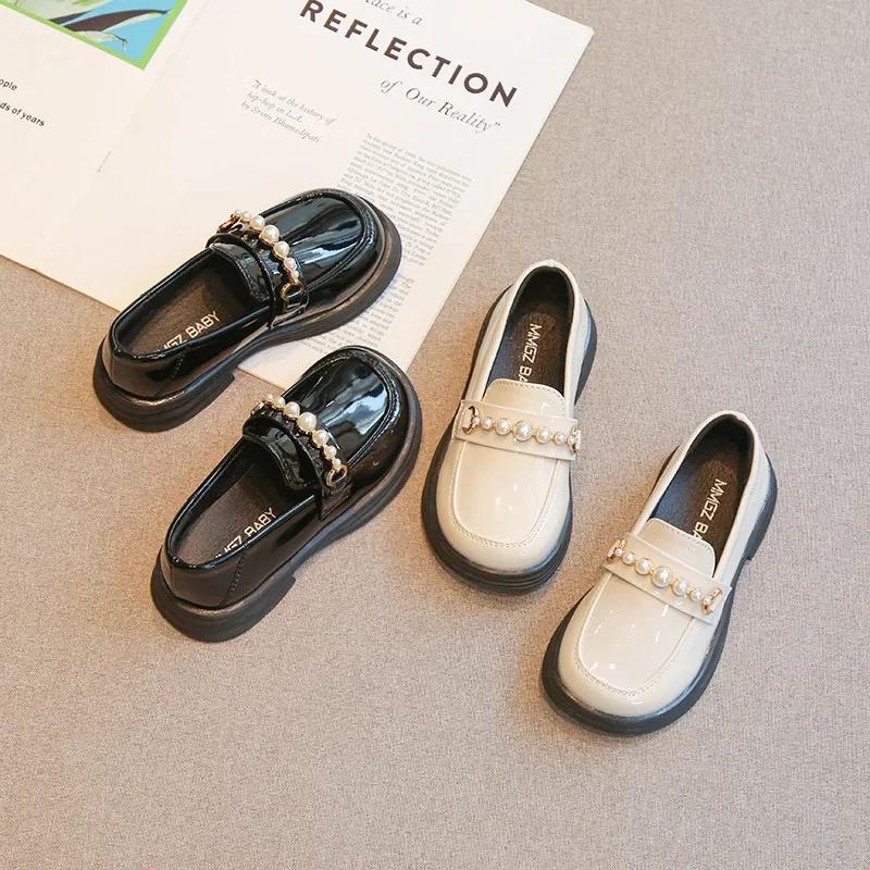 Girls Leather Shoes for School Party Wedding Kids Black Loafers Slip-on Children Flats Fashion British Style Pearls Beading New