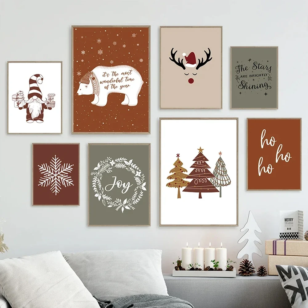 

1PC Snowflake White Bear Elk Christmas Tree Flower Posters Prints Canvas Painting Nordic Merry Christmas Wall Art for Home Decor