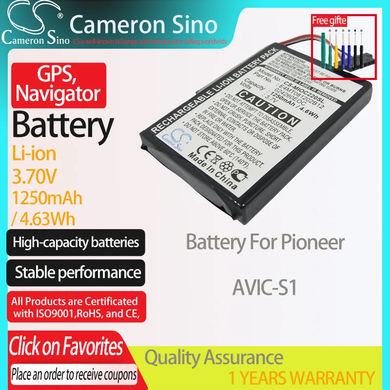 CameronSino Battery for Pioneer AVIC-S1 GPS,Navigator Battery 1250mAh/4.63Wh 3.70V Li-ion Black