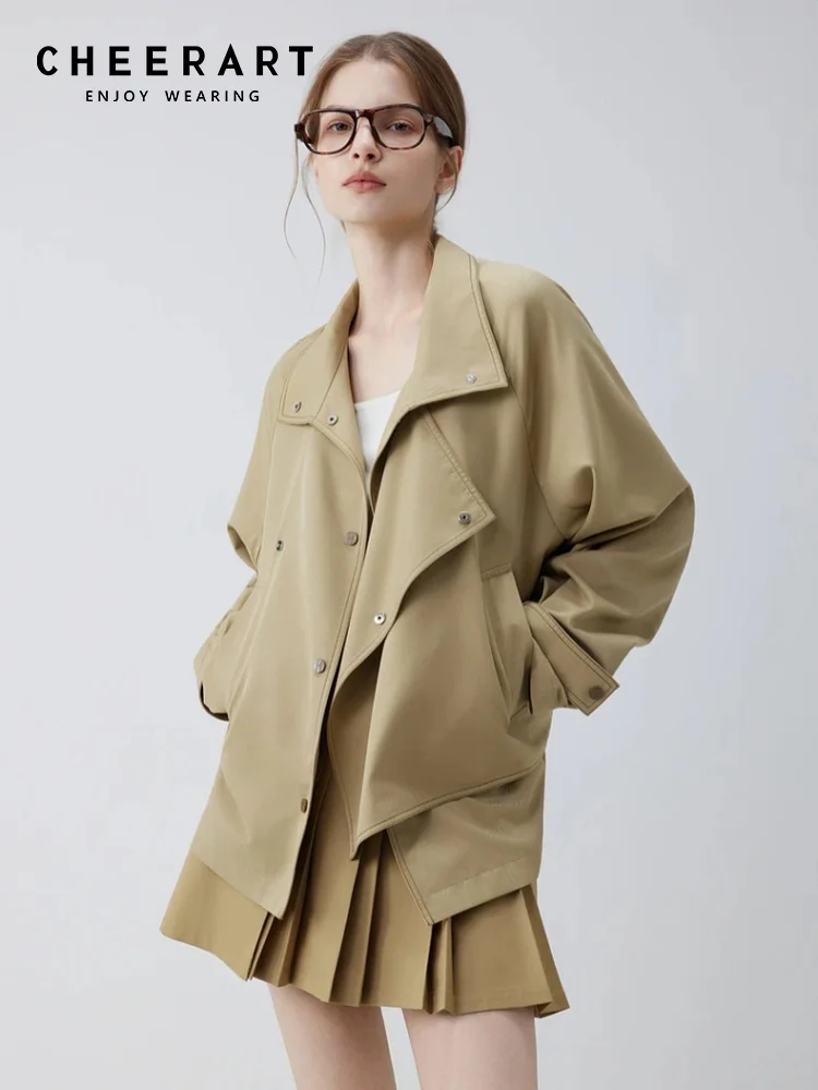 CHEERART Designer Fall Fashion Jacket For Woman Khaki Loose Coat Double Collar Cropped Trench Coat New In Outwears