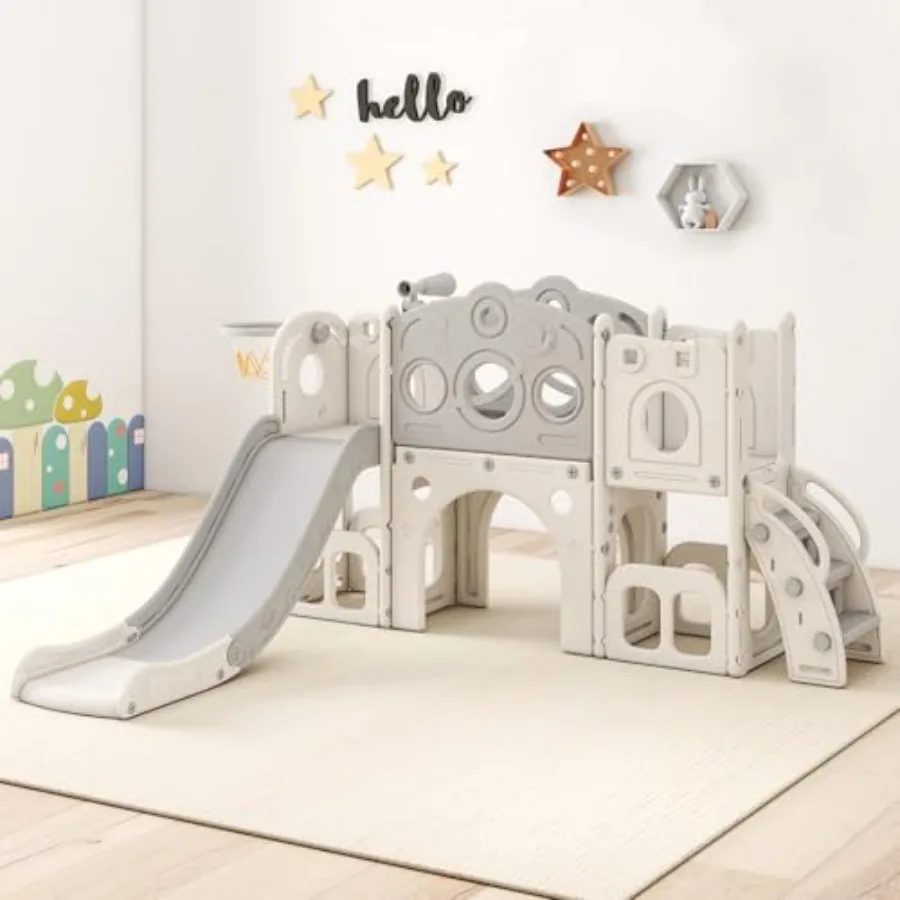 

Игровой комплекс 8 в 1 для малышей: горка с баскетбольным кольцом, легким подъемом по лестнице и местом для хранения, для игр в помещении и на улице
