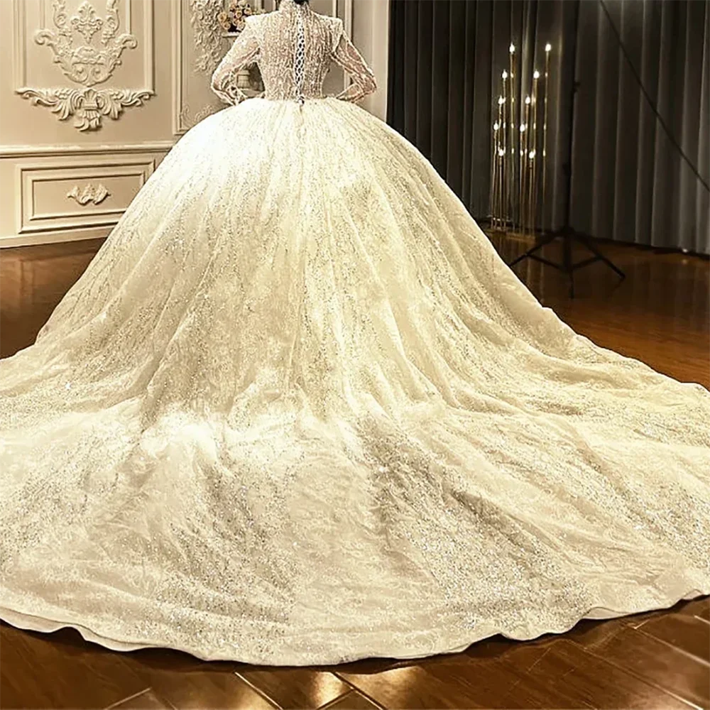 فاخر ذوي الياقات العالية الديكور كم كامل الكرة ثوب العروس فساتين زفاف أثواب الزفاف حسب الطلب