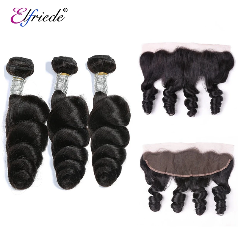 

Elfriede Natural Black Loose Wave Bundles with Frontal Brazilian Remy 100% Human Hair Weaves 3 Bundles with 13x4 Lace Frontal