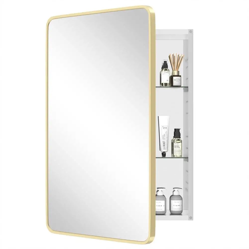 Recessed Bathroom Medicine Cabinet with Beveled Mirror Gold Metal Frame Adjustable Shelves High Definition Explosion-Proof Glass