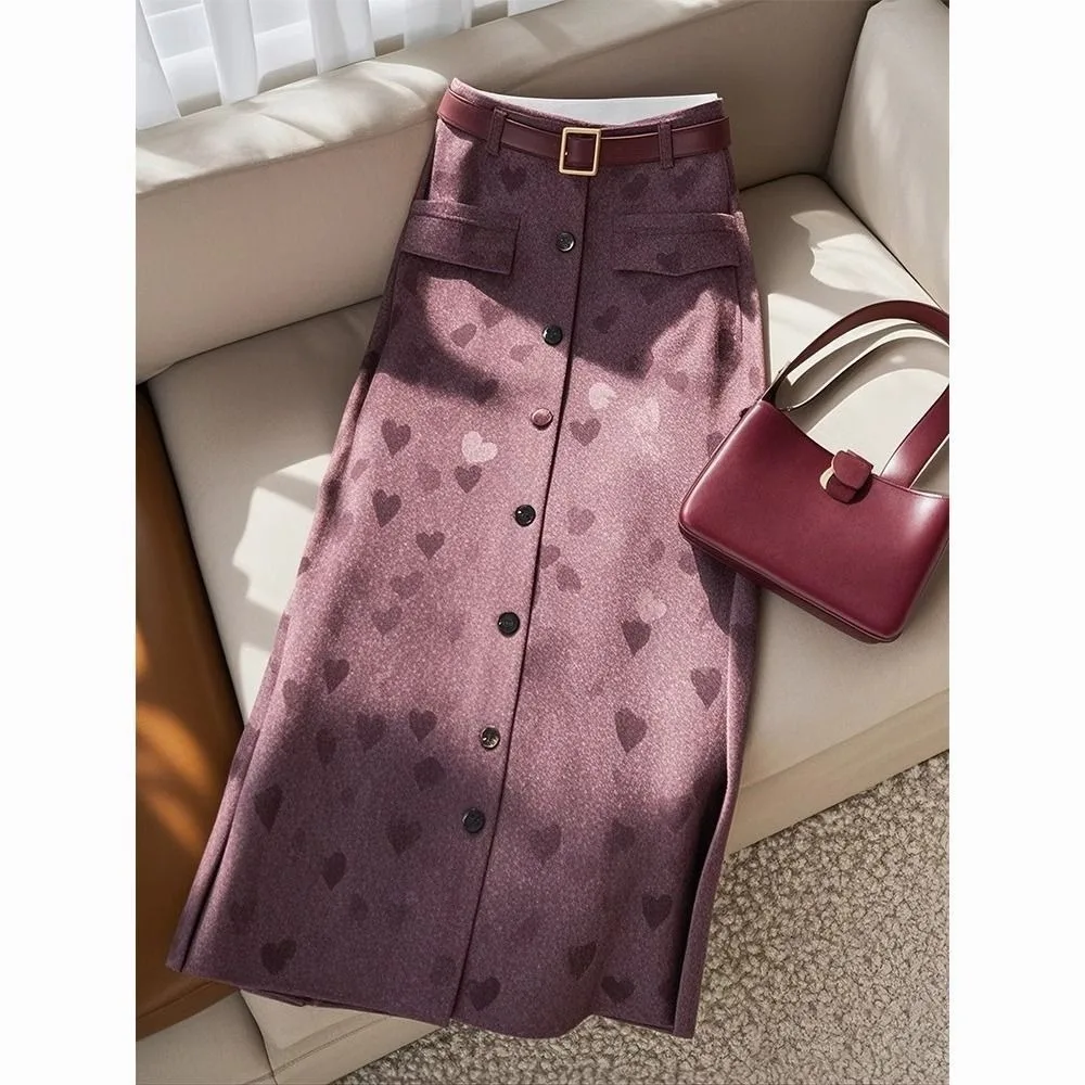 Love Pattern Vintage Red A-line Skirt Belt Mid-length High Waist Slim Skirts Elegant Women Office Lady Spring Single Breasted