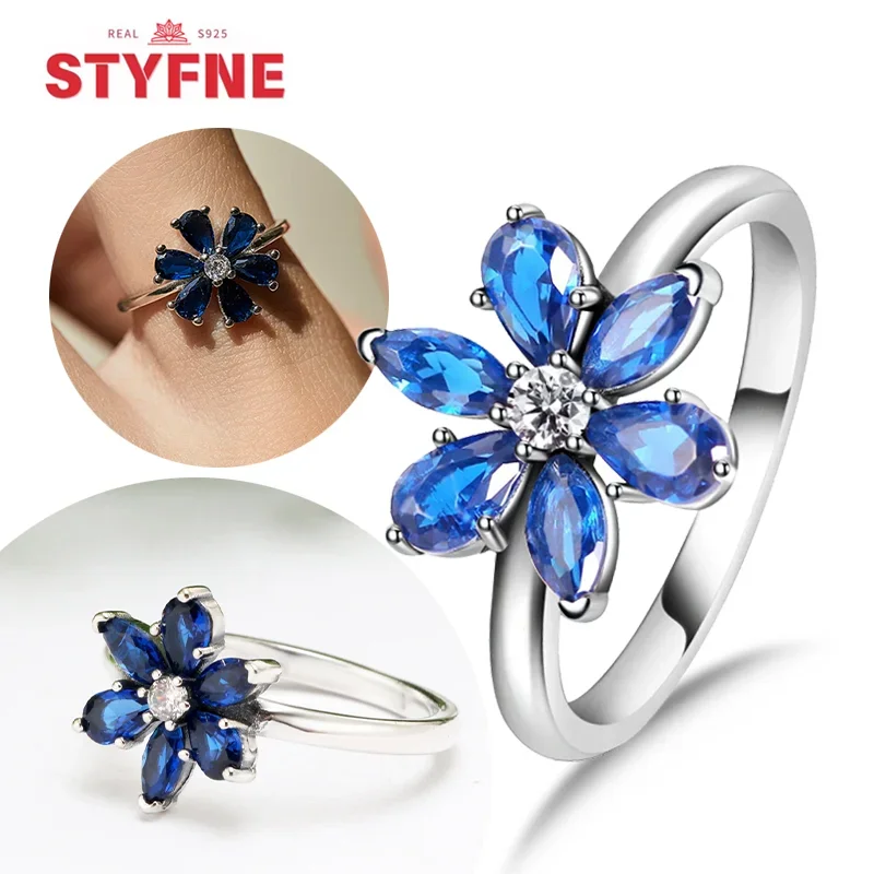 

S925 Silver Sparkling Eternity Flower Rings Blue Zircon Ring for Women Wedding Vintage Accessories Original Fine Jewelry Gift