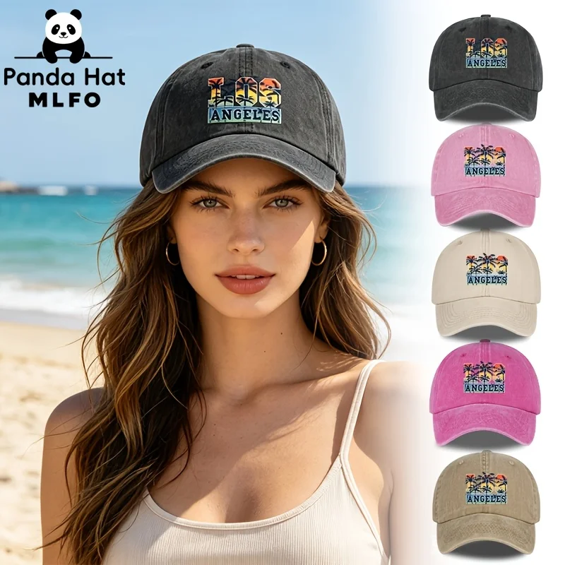 LOS ANGELES Letter-Printed Washed Baseball Cap: A Retro Classic Featuring a Tropical Palm Tree Design. Unisex Style. Comfortable