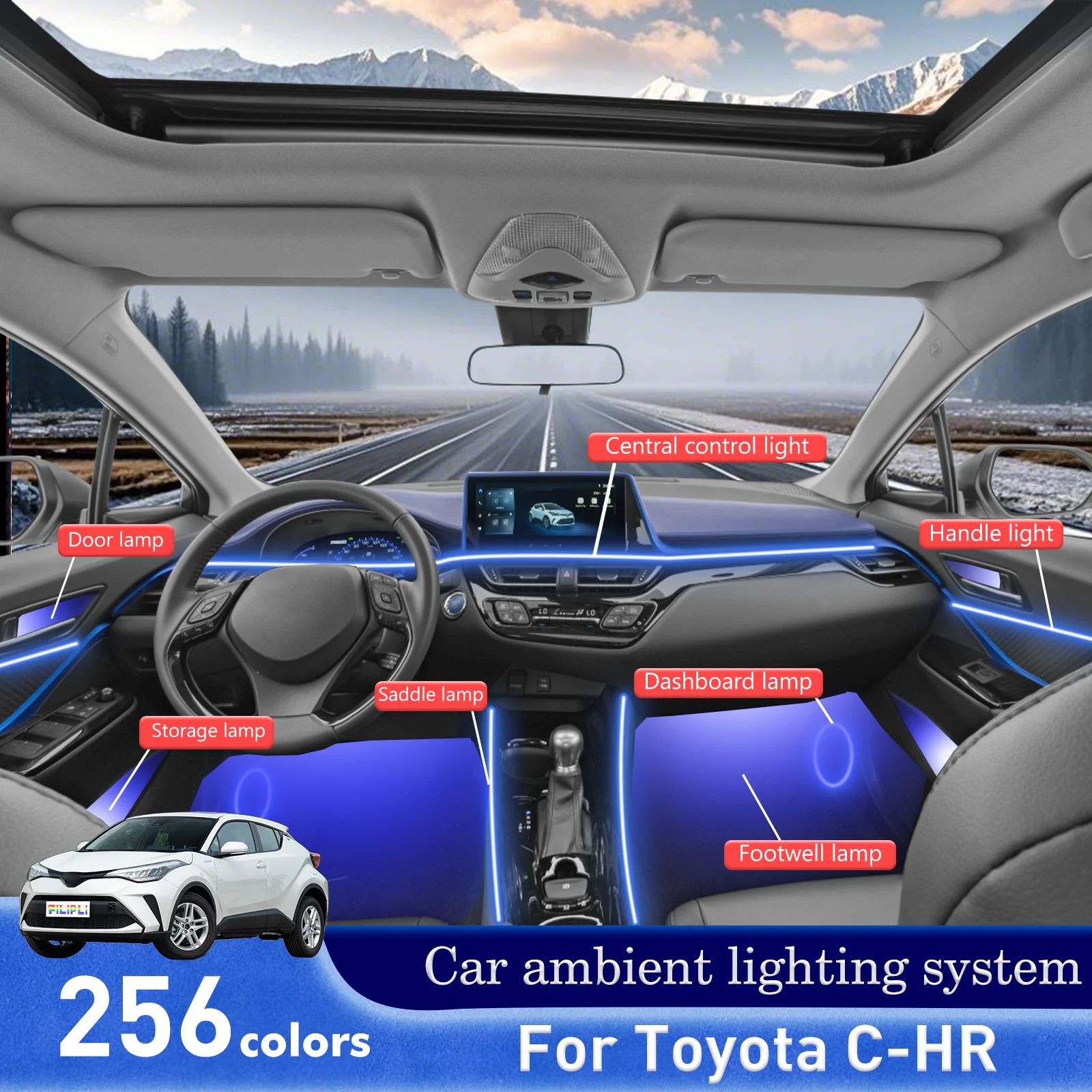 لتويوتا C-HR تصميم الشبح من أعلى الطبقة الاكريليك السيارات الداخلية شرائط الإضاءة المحيطة RGB التفاعل الصوتي APP-ميد