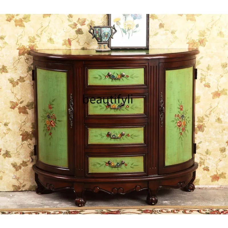 

American Style Semi-Circular Entrance Hall Cabinet Solid Wood Four Drawers Two Doors European Style Vintage Rustic Painted
