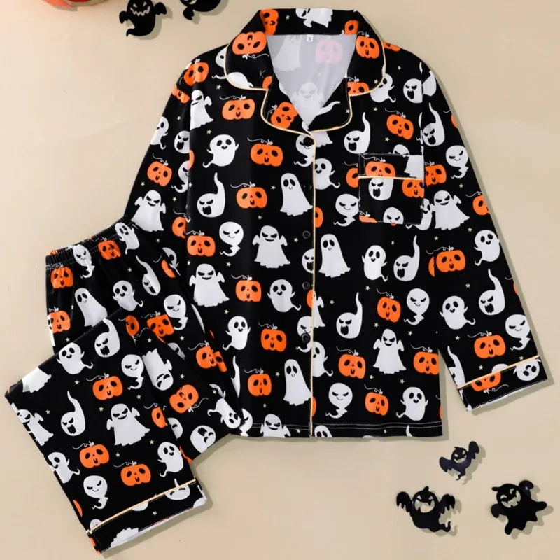 Women Halloween Pajamas Lounge Set Pumpkin/Skull Print Long Sleeve Tops and Pants 2 Piece Loungewear Outfits Clothes for Women